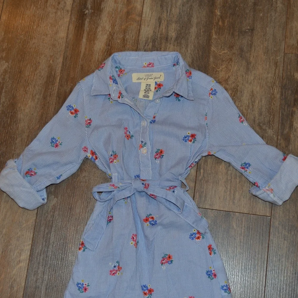 LOGG Blue and White Striped Dress with Flowers and Belt